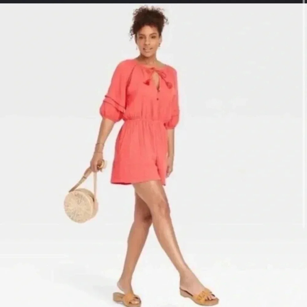 Knox Rose Peach Gauze Puff Sleeve Short Romper // Size XXL